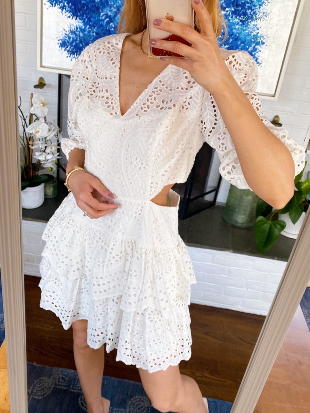 BCBGMaxAzria White Eyelet Puff Sleeve Cut Out Tiered Mini Dress! 🐚 - Picture 6 of 17